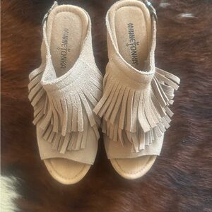 Minnetonka Taupe Suede Fringe Open-Toe Sandals